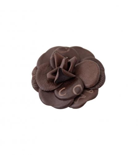 CHANEL BROWN LEATHER CAMELIAS BROOCH