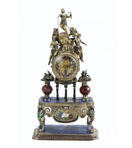 Lapis vermeil, gemstone and enamel table clock