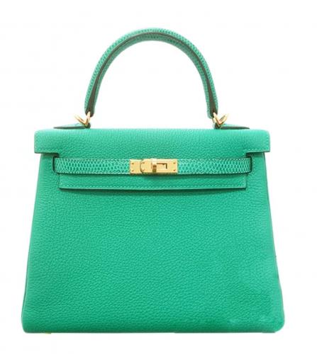 HERMES green Vert Cypress leather & crocodile KELLY 28 TOUCH Bag w Gold