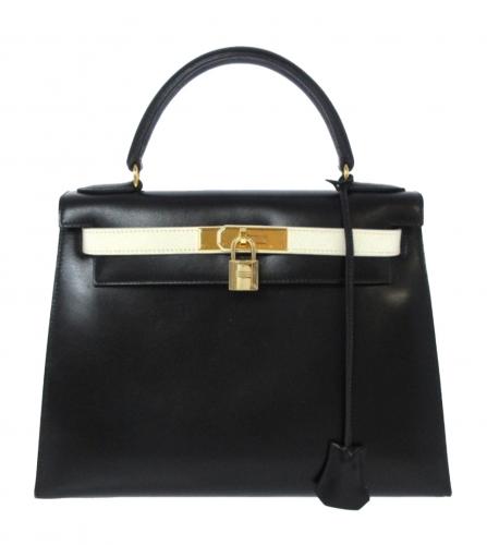 HERMES KELLY 28 BLACK BOX CALF × WHITE VEAU GRAINE