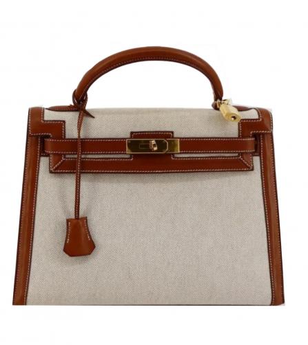 HERMES KELLY 32 TOILE ASH BROWN LEATHER