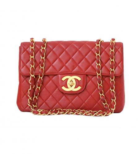 CHANEL LAMBSKIN QUILTED MAXI DOUBLE FLAP RED